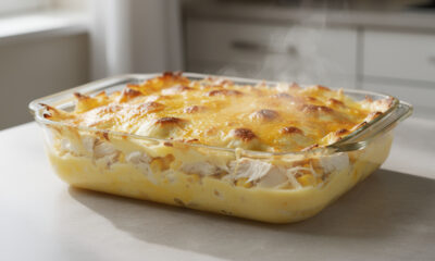 Refogue frango, requeijão e temperos e faça um creme de milho gratinado perfeito em uma única travessa