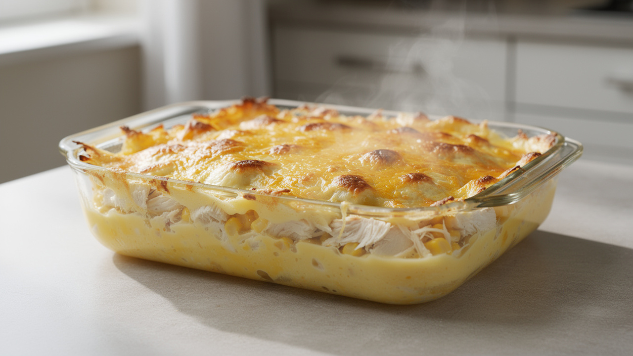 Refogue frango, requeijão e temperos e faça um creme de milho gratinado perfeito em uma única travessa