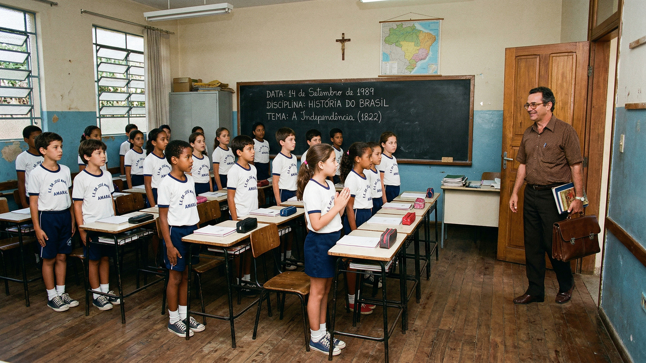 Situações da escola antiga que hoje seriam raras, como o respeito total ao professor