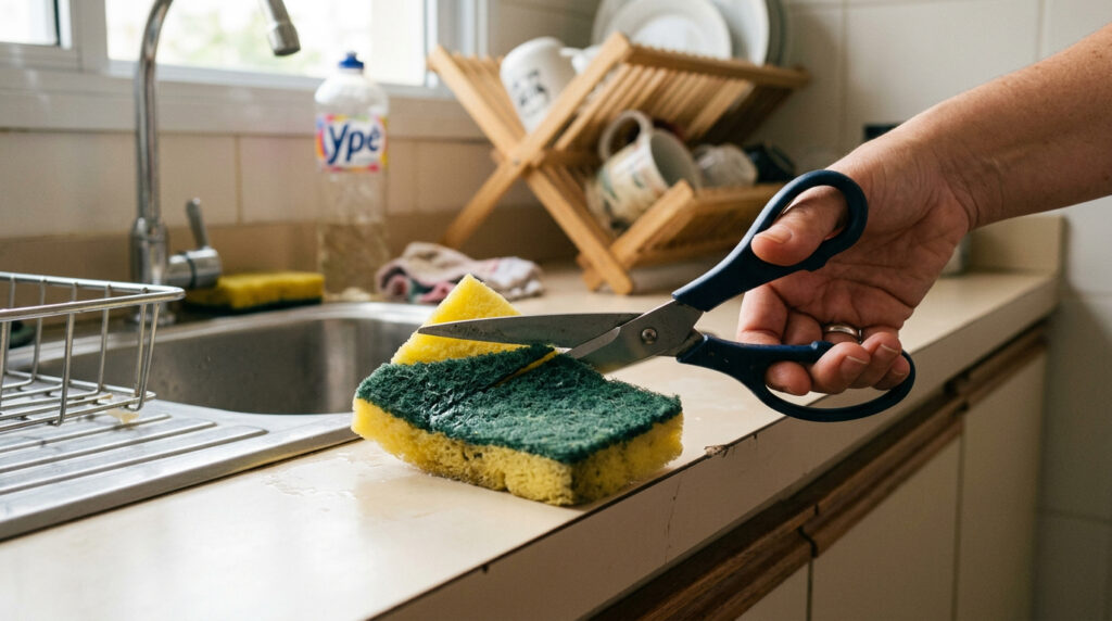 Cada vez mais donas de casa estão cortando os cantos de suas esponjas de lavar louça: um truque simples que pode salvar vidas