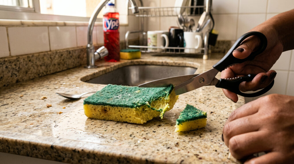 Cada vez mais donas de casa estão cortando os cantos de suas esponjas de lavar louça: um truque simples que pode salvar vidas