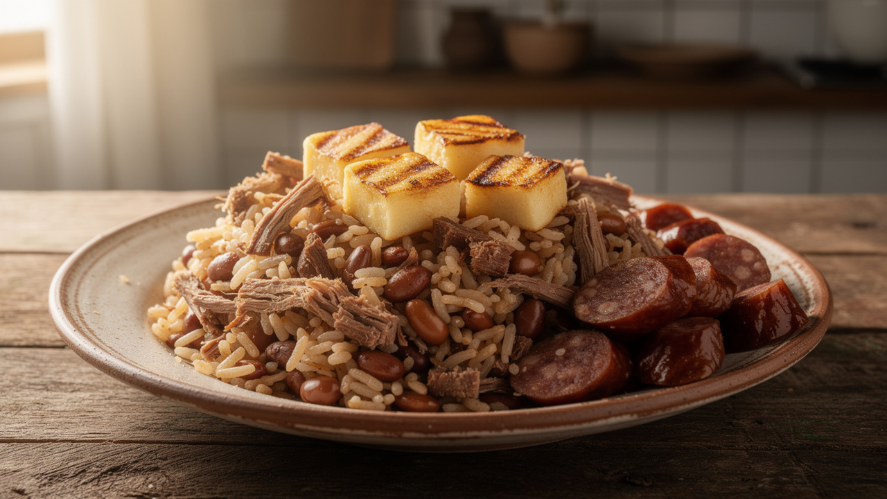 Doure bacon, paio e carne-seca e prepare um baião de dois cheio de sabor em poucos minutos