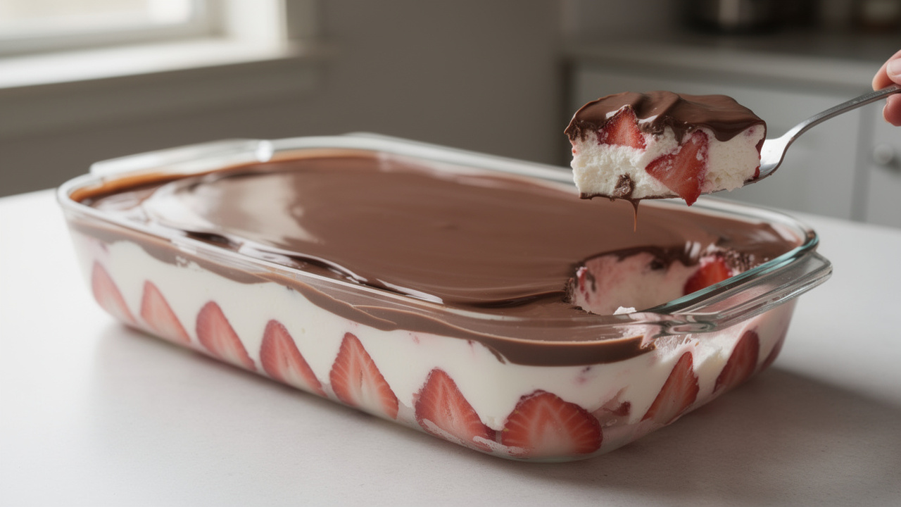 Esse bombom de travessa com morango fica supercremoso e é perfeito para servir gelado