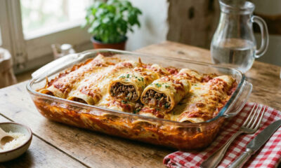Misture ovos, leite e farinha e faça uma panqueca de carne moída bem recheada perfeita para o jantar