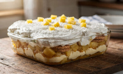 Misture creme, abacaxi e biscoito Maizena e faça um pavê gelado bem cremoso para servir na sobremesa