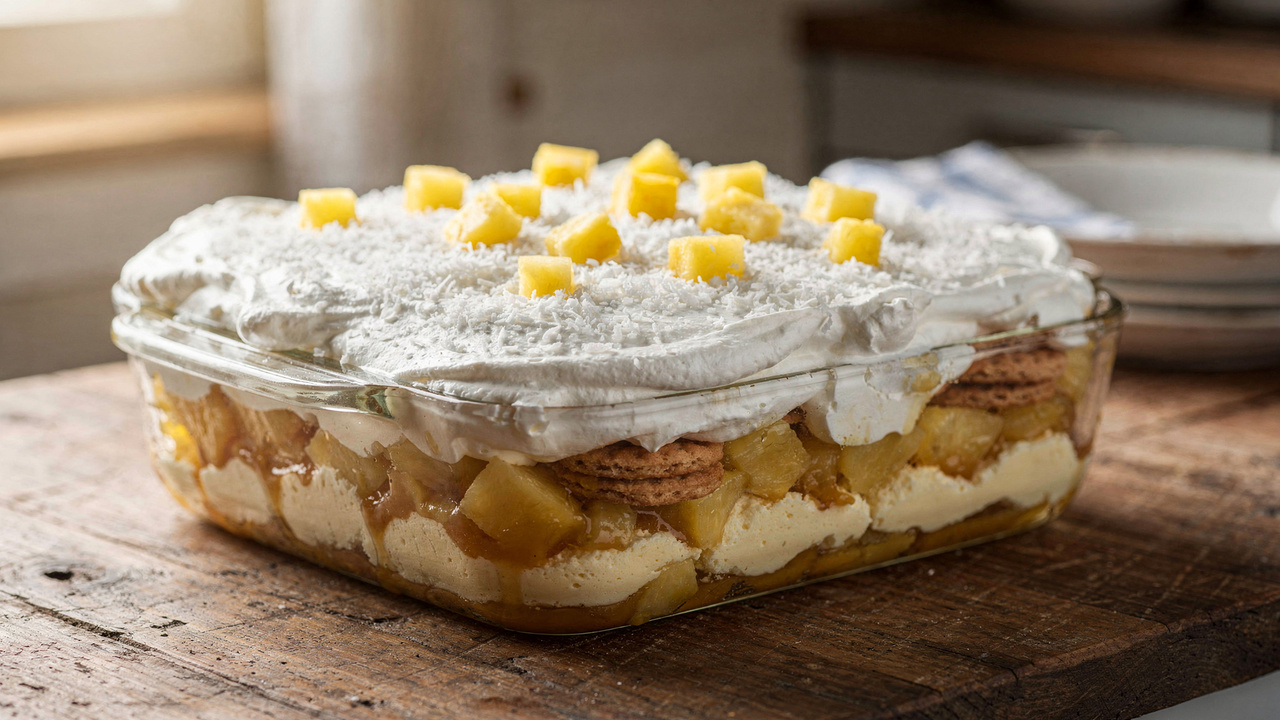 Misture creme, abacaxi e biscoito Maizena e faça um pavê gelado bem cremoso para servir na sobremesa