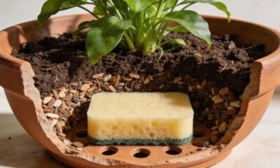 Colocar uma esponja no fundo do vaso pode ajudar suas plantas a crescer melhor