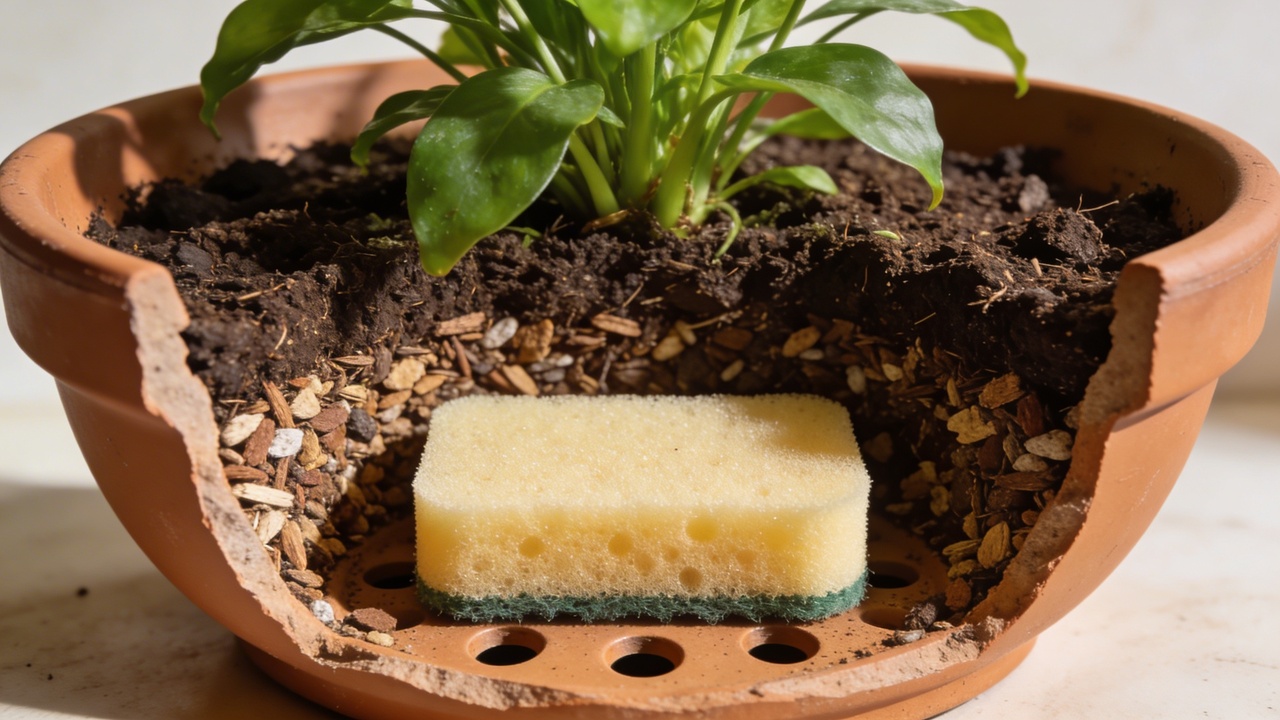 Colocar uma esponja no fundo do vaso pode ajudar suas plantas a crescer melhor
