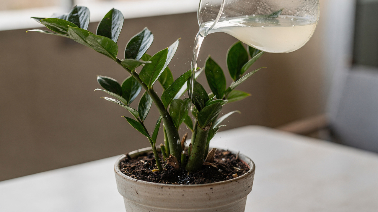 Adeus folhas opacas na zamioculca: esse truque japonês com água de arroz fortalece as raízes da planta