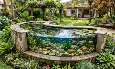 Esse projeto com aquário curvo deixa o jardim mais bonito e cheio de vida