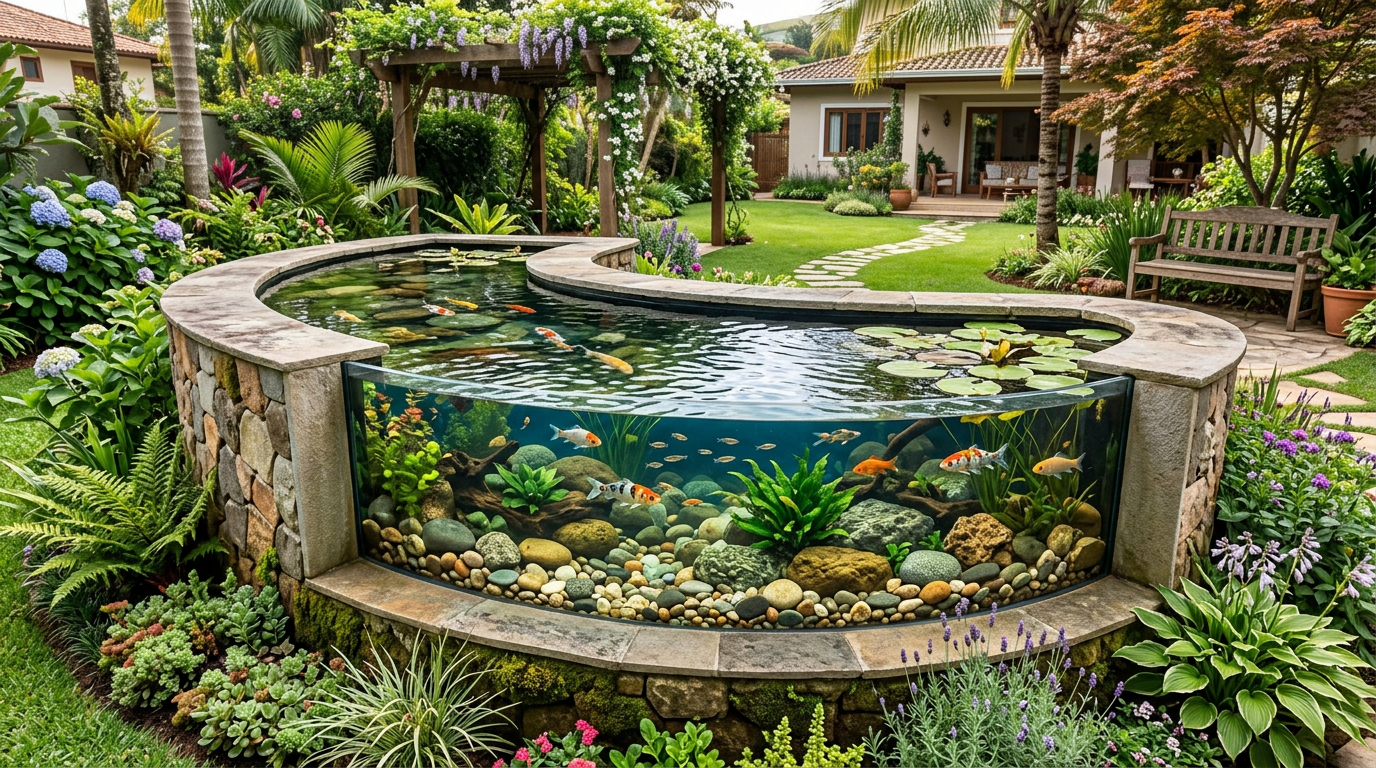 Esse projeto com aquário curvo deixa o jardim mais bonito e cheio de vida