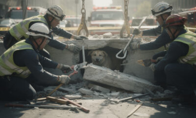 Cão preso em concreto mobiliza corpo de bombeiros e gera comoção