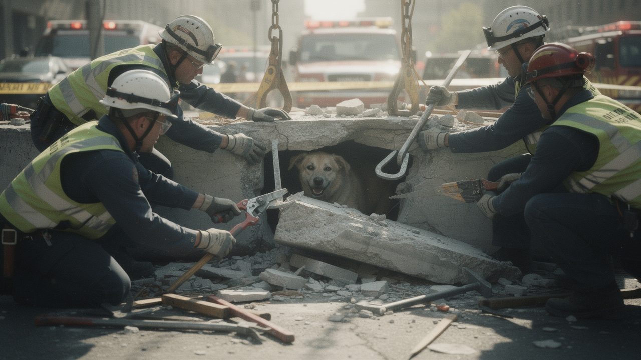 Cão preso em concreto mobiliza corpo de bombeiros e gera comoção