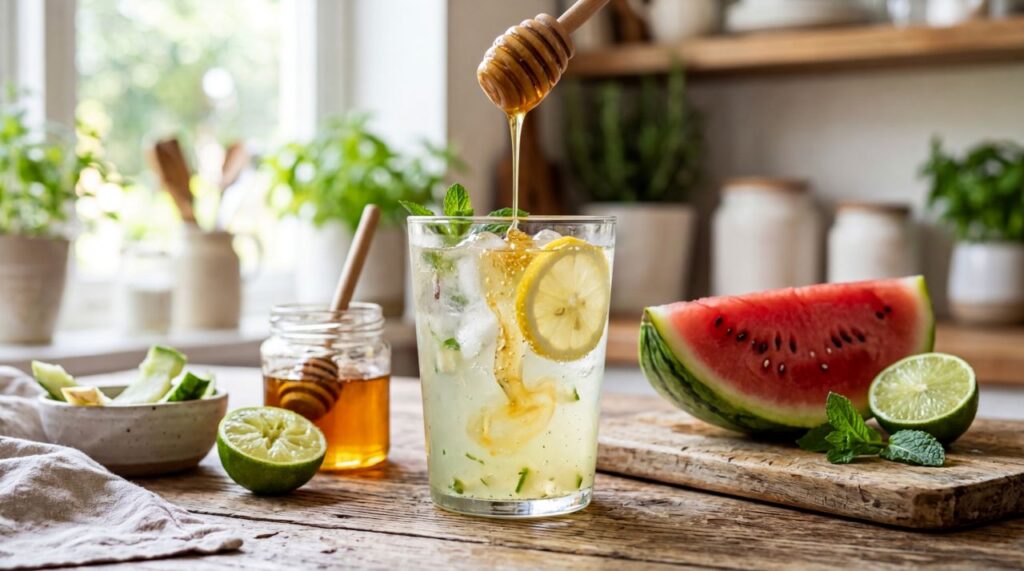 Casca de melancia combinada com mel e limão resulta em suco funcional natural