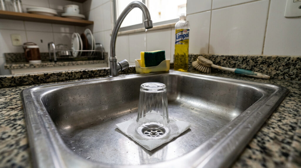 Copo e papel sobre o ralo evitam cheiro de esgoto quando a casa fica fechada por dias