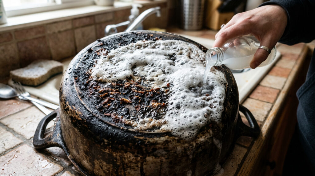 Um truque caseiro eficar para remover comida queimada ou sujeira grudada nas panelas com apenas dois ingredientes