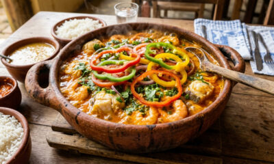 Essa moqueca de peixe e camarão leva caldo cremoso e ingredientes simples que deixam tudo mais gostoso