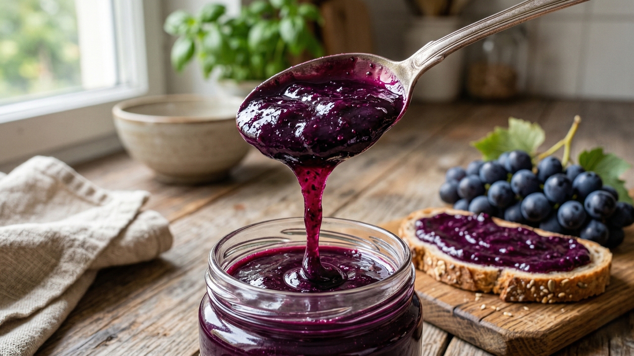 Essa geleia de uva com 3 ingredientes fica pronta em poucos minutos e combina com pão, torrada e queijo