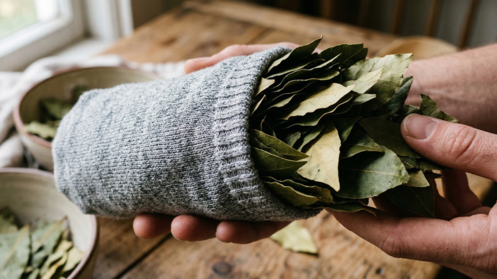 Com algumas folhas de louro e uma meia velha, você prepara um aromatizador caseiro que perfuma toda sua casa