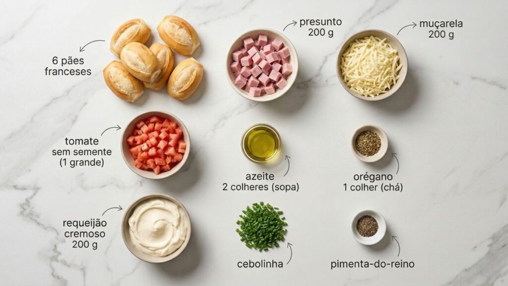 Misture presunto, muçarela e requeijão e prepare pão francês recheado gratinado em poucos minutos