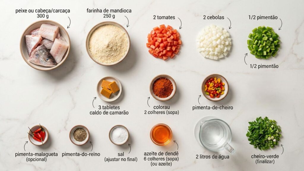 Esse pirão de peixe rende 10 porções usando farinha de mandioca sem formar grumos