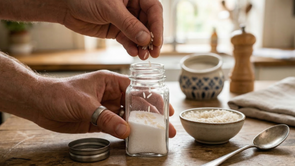 Sal que não endurece no saleiro: só alguns grãos de arroz e esse truque simples já resolvem o problema