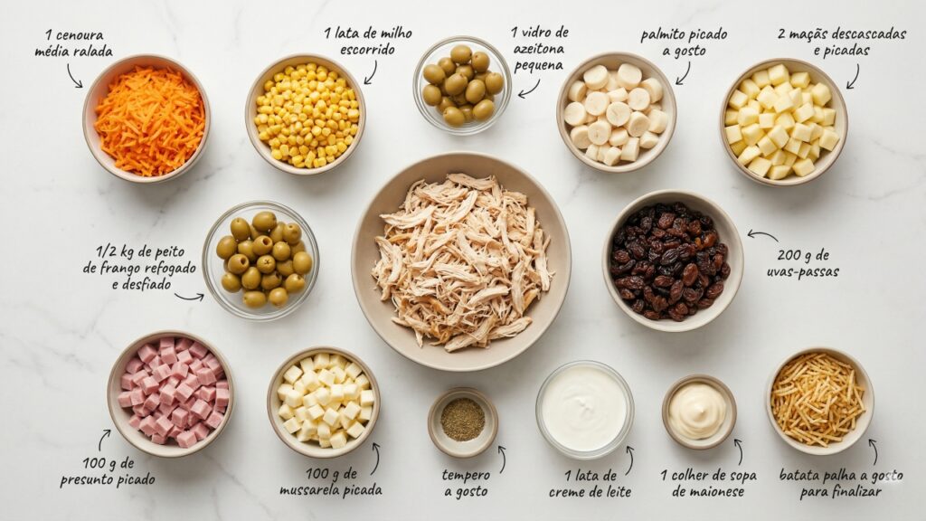 Coloque frango, cenoura, milho e palmito na tigela e faça um salpicão cremoso e delicioso