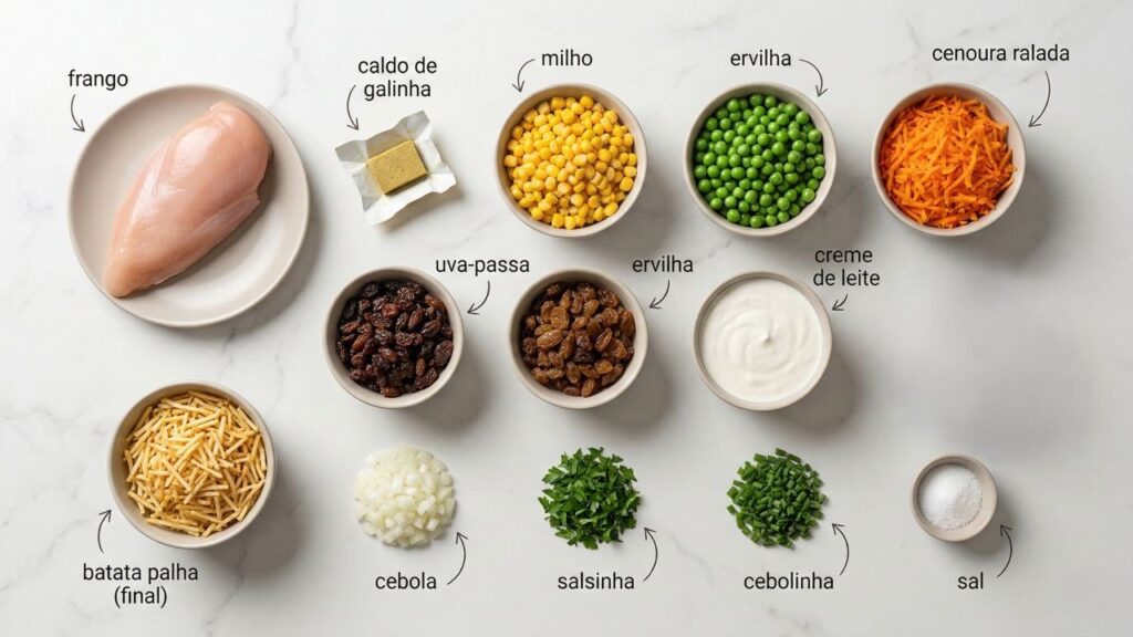 Misture frango desfiado, milho e cenoura e faça um salpicão de frango que rende 15 porções