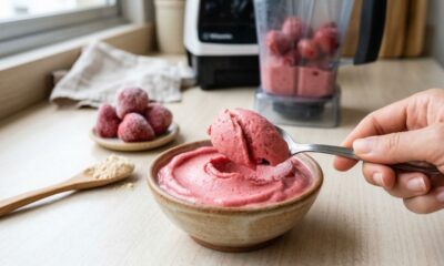 Misture 3 ingredientes e faça um sorvete proteico de morango com 25 g de proteína, perfeito para pós-treino