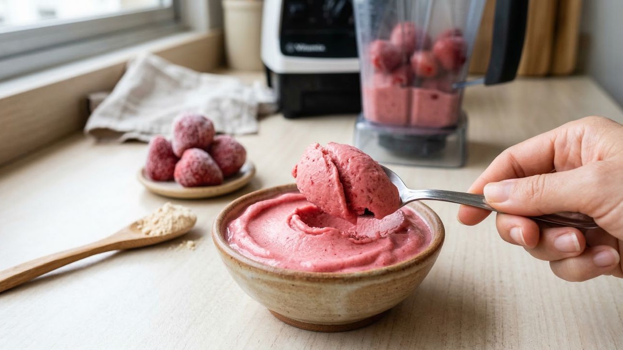 Misture 3 ingredientes e faça um sorvete proteico de morango com 25 g de proteína, perfeito para pós-treino