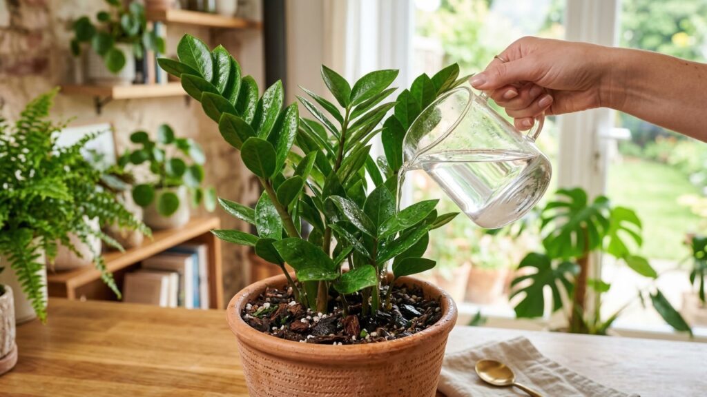Adeus folhas opacas na zamioculca: esse truque japonês com água de arroz fortalece as raízes da planta