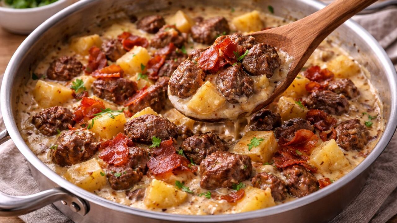 Prato com carne e bacon ao molho de batata que fica cremoso e irresistível