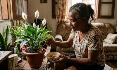 Mulher aduba lírio-da-paz em vaso com restos orgânicos usando uma colher.