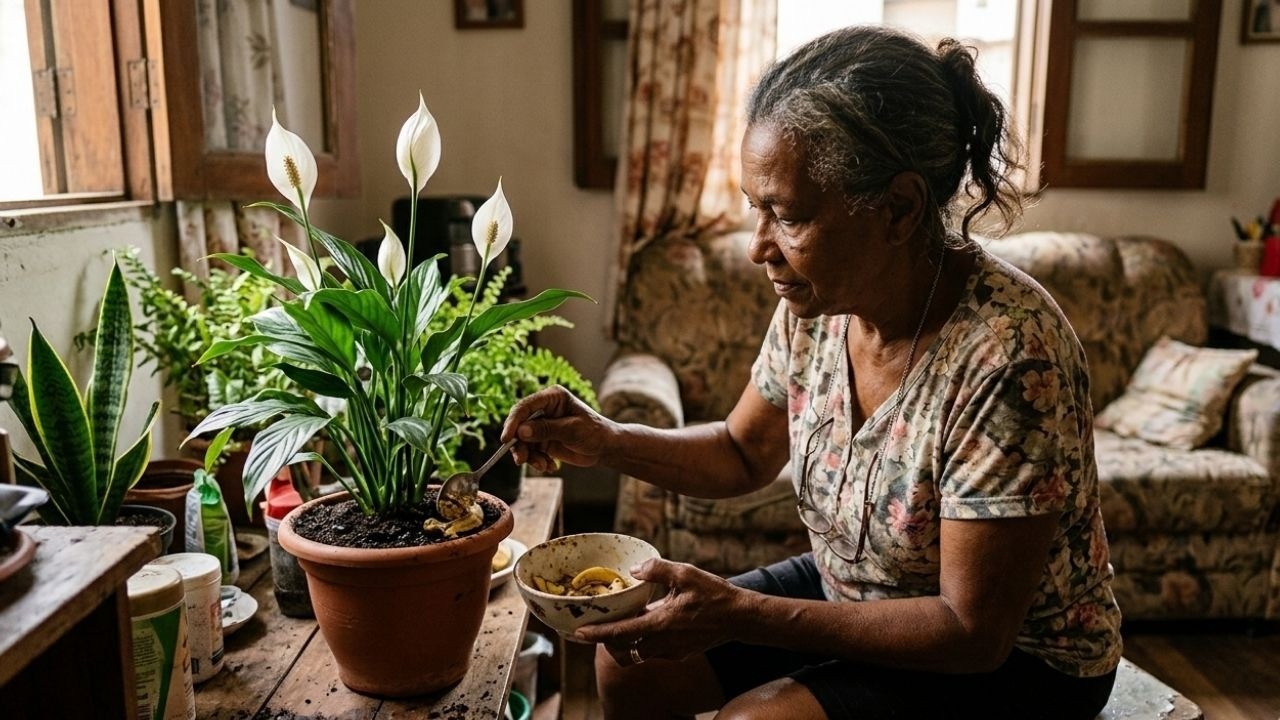 Mulher aduba lírio-da-paz em vaso com restos orgânicos usando uma colher.
