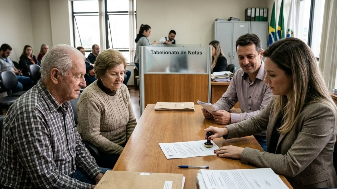 Mulher carimba documento em tabelionato de notas, com casal idoso e homem observando.