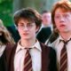 Hermione, Harry e Ron em uniformes de Hogwarts com expressões de surpresa e olhos arregalados.