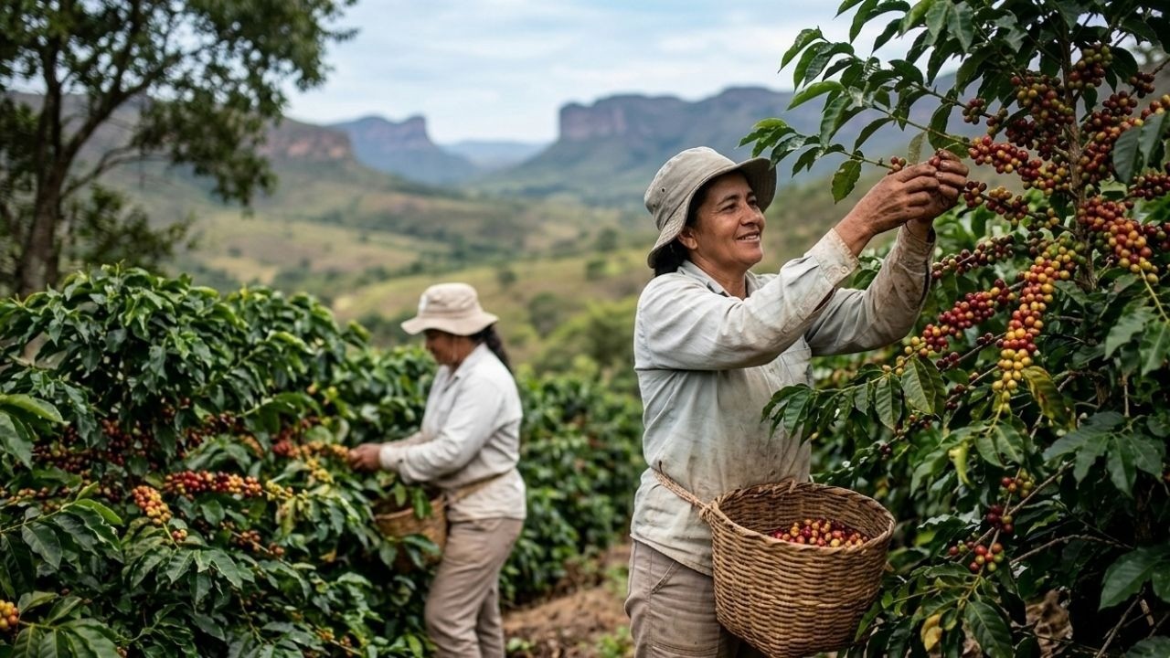 Duas mulheres colhem café maduro em uma plantação exuberante com montanhas ao fundo.