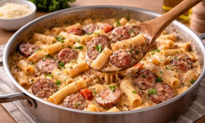 Macarrão cremoso com calabresa de uma panela só fácil de fazer e cheio de sabor