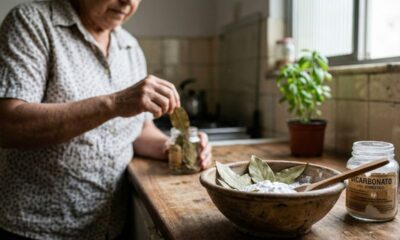 Mãos de pessoa adicionando folha de louro em pote, com tigela de bicarbonato e folhas ao lado.