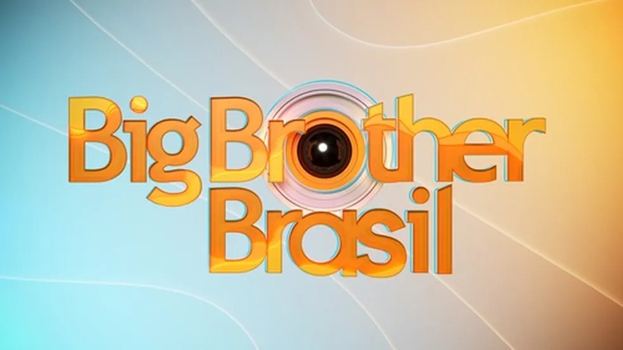 Logo Big Brother Brasil com letras laranjas e câmera no 'O', sobre fundo azul e laranja.