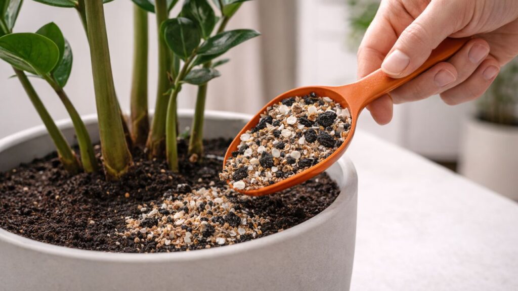 Isso faz a zamioculca crescer rápido e soltar folhas novas com aparência mais brilhante