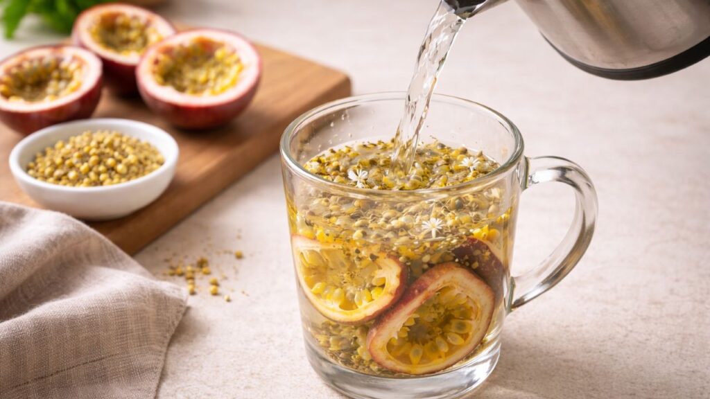 Maracujá com camomila juntos formam um chá calmante que pode ajudar a acalmar a mente no fim do dia