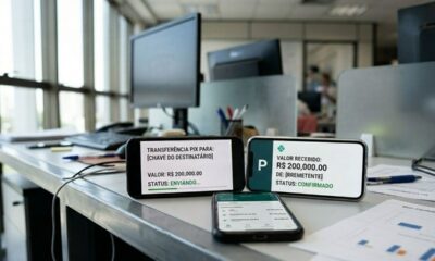 Três celulares em mesa de escritório exibindo telas de Pix de R$ 200.000,00.