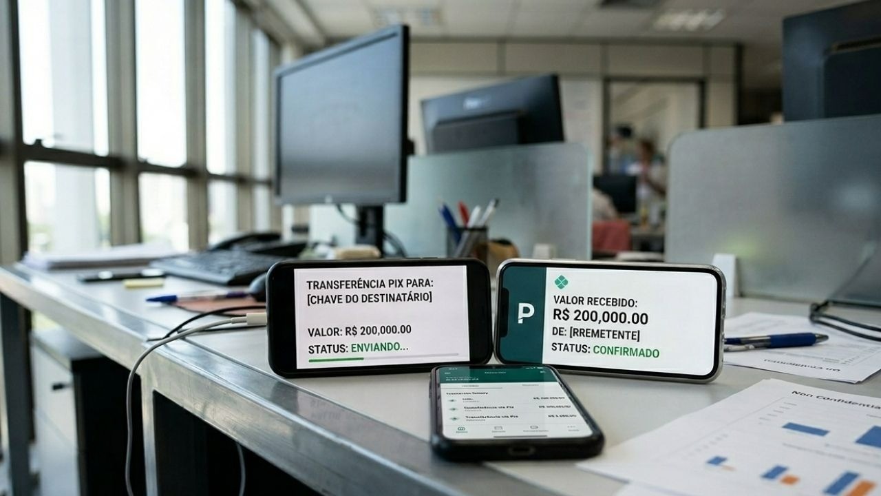 Três celulares em mesa de escritório exibindo telas de Pix de R$ 200.000,00.