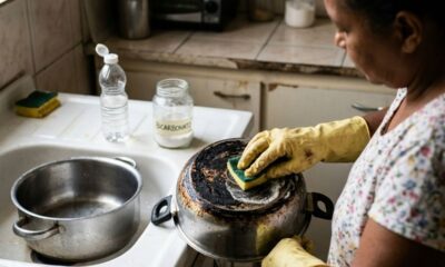 Mulher com luvas amarelas esfrega panela queimada com esponja, bicarbonato e vinagre na pia.