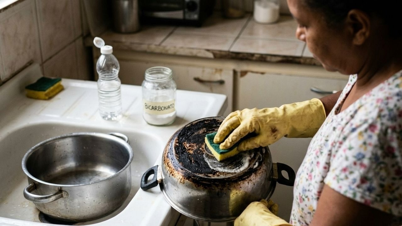 Mulher com luvas amarelas esfrega panela queimada com esponja, bicarbonato e vinagre na pia.