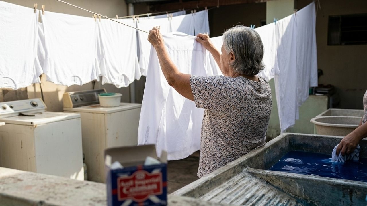Mulher pendura camisa branca em varal; ao fundo, máquina de lavar e tanques com anil.