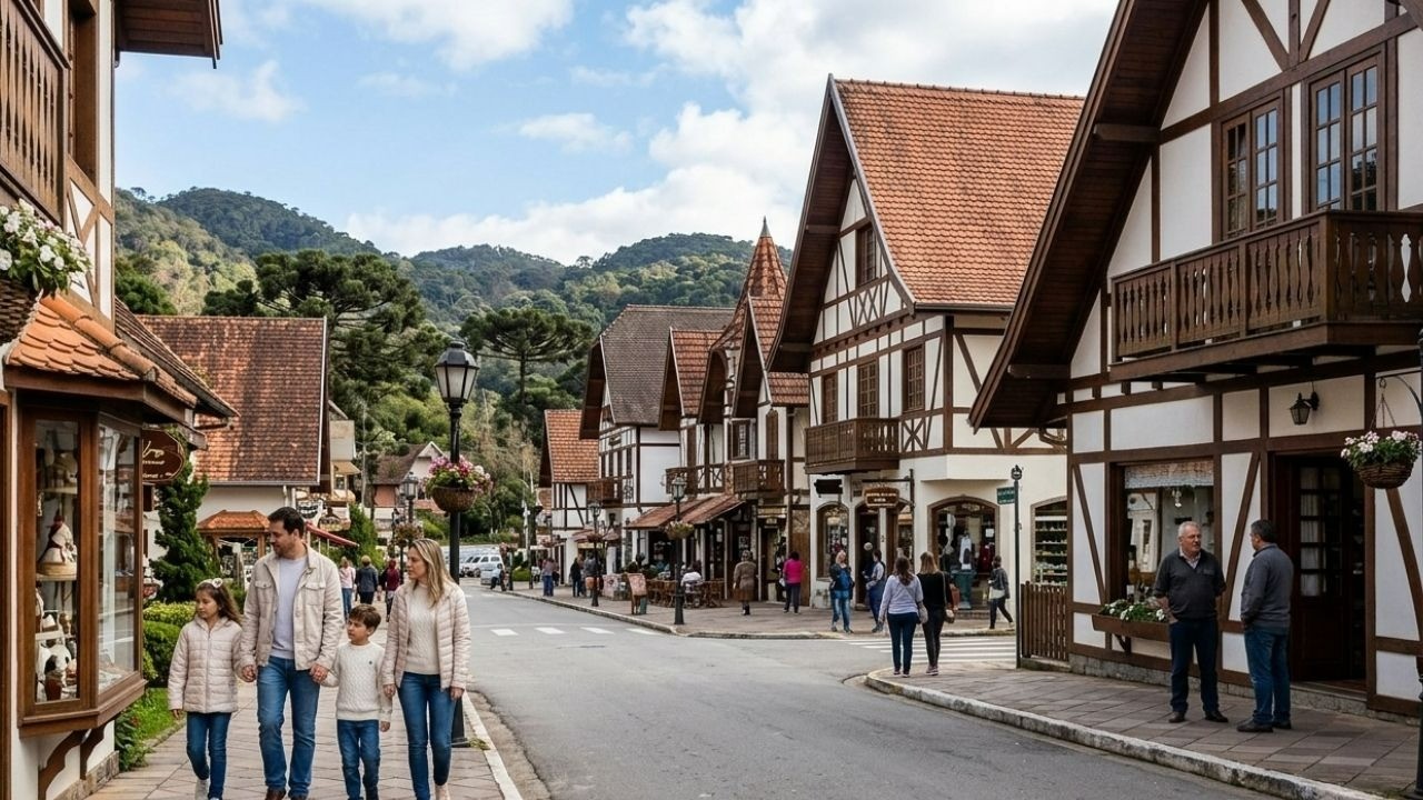 Rua em Campos do Jordão com prédios estilo enxaimel, pessoas caminhando e montanhas ao fundo.