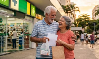 Casal de idosos sorrindo em frente à farmácia, com sacolas de compras e medicamentos.