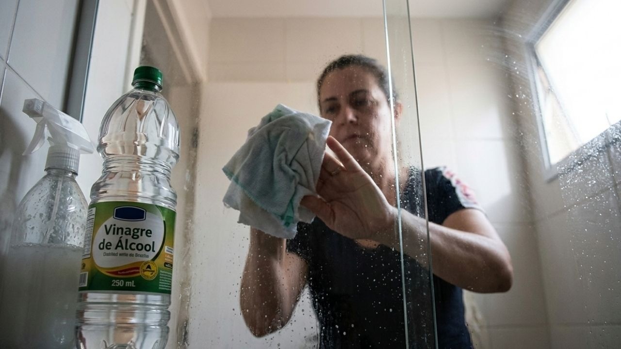 Mulher limpa box de banheiro com pano; garrafa de "Vinagre de Álcool" à esquerda.